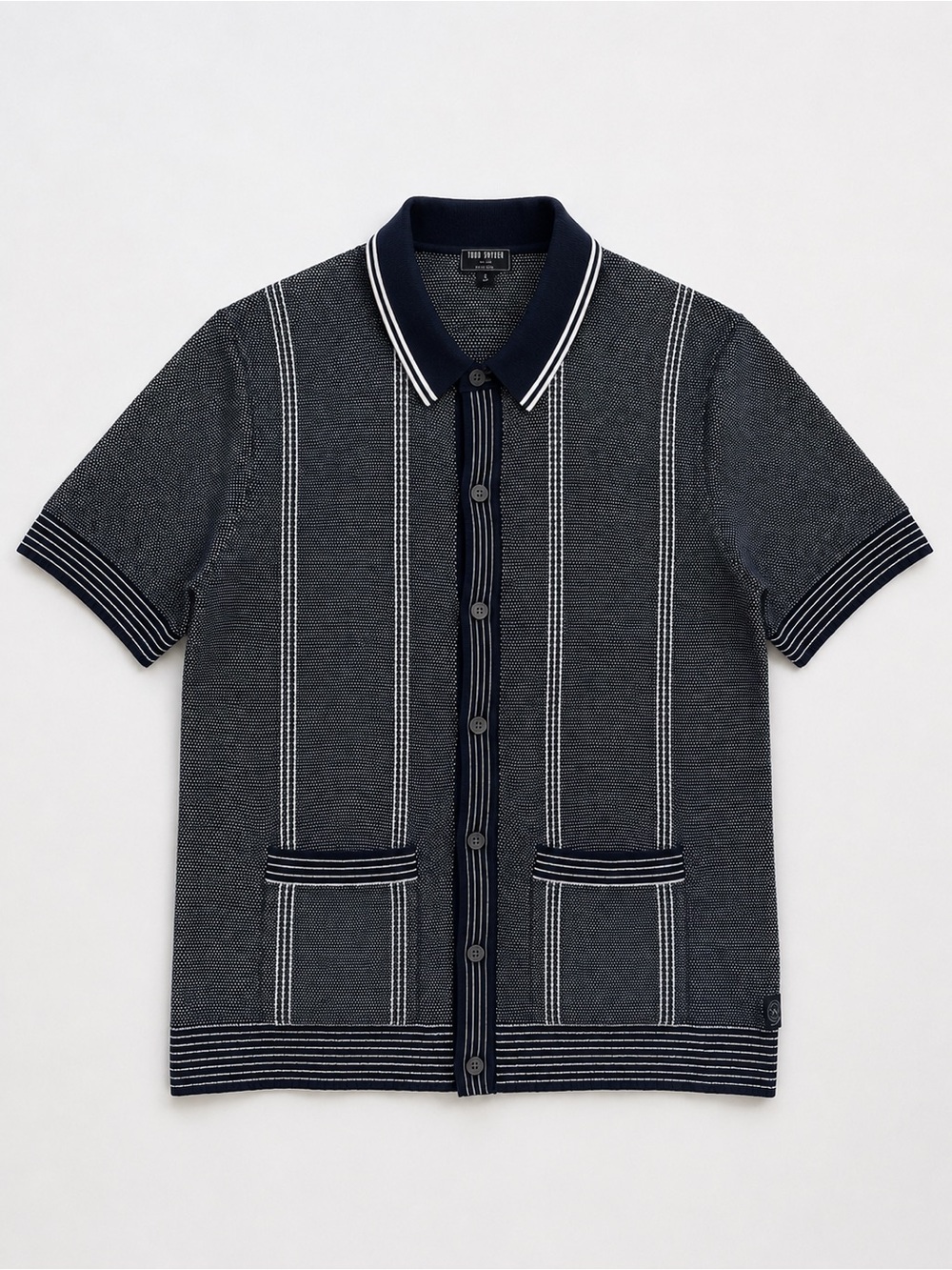 Todd Snyder Silk Cotton Knit Polo Cardigan Navy White Striped Button Front